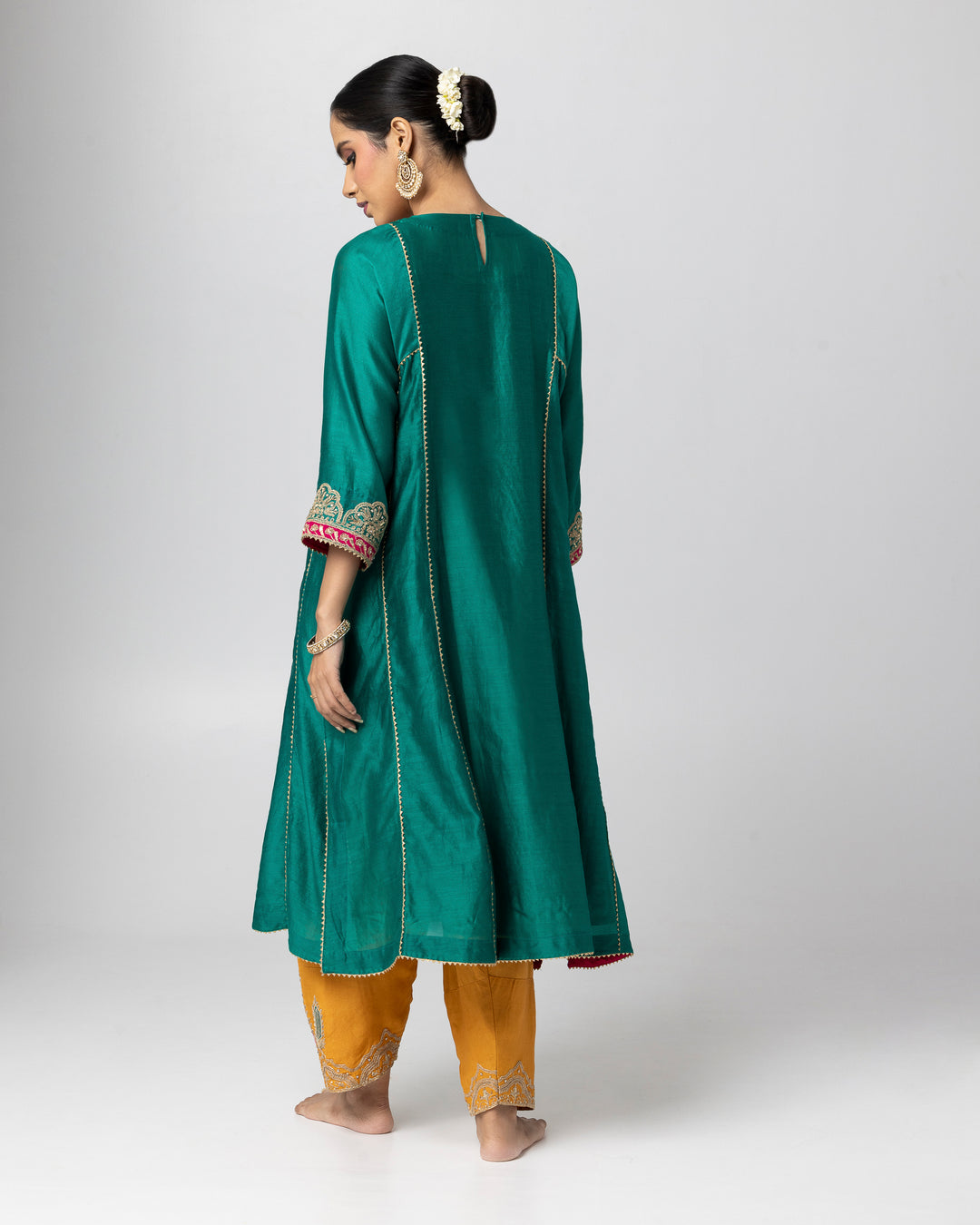 green silk chanderi embroidered kurta