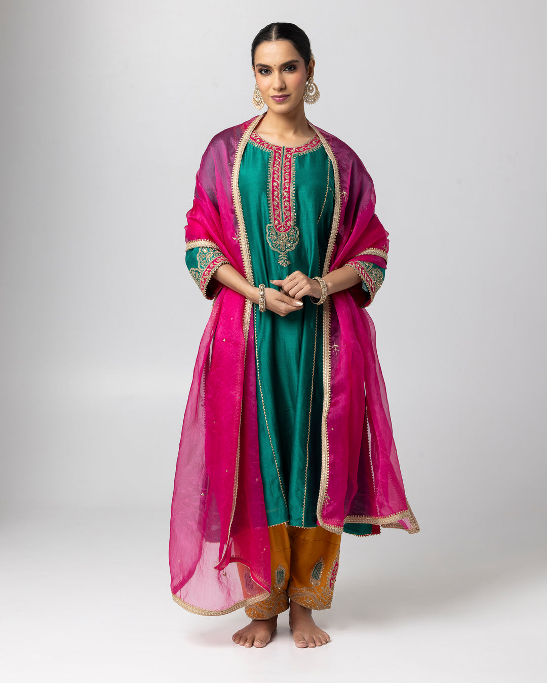 hot pink embroidered silk organza dupatta