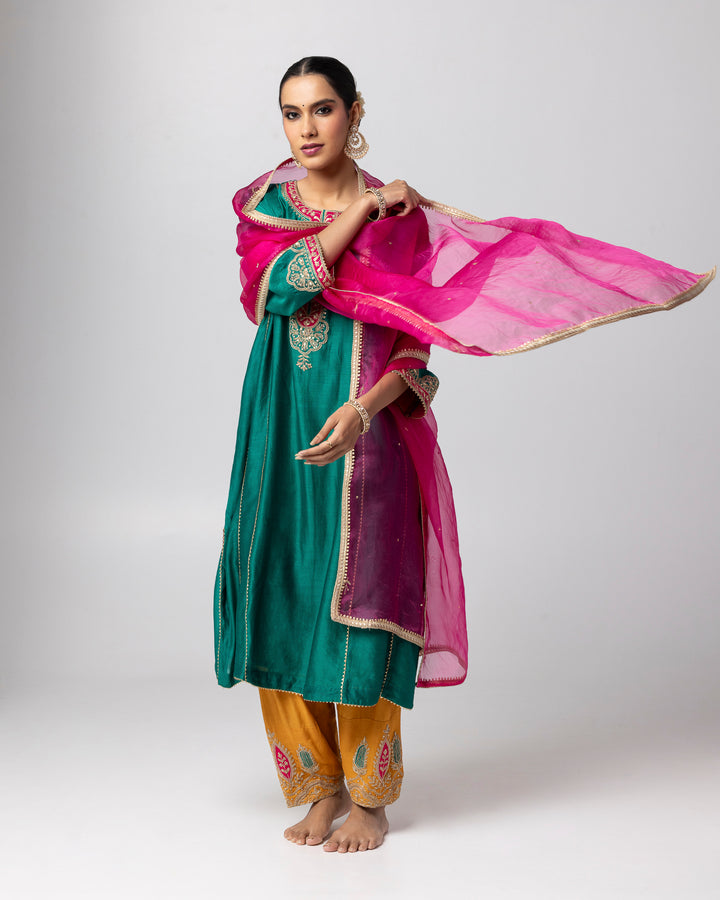 green silk chanderi embroidered kurta with cotton silk salwar and silk organza dupatta