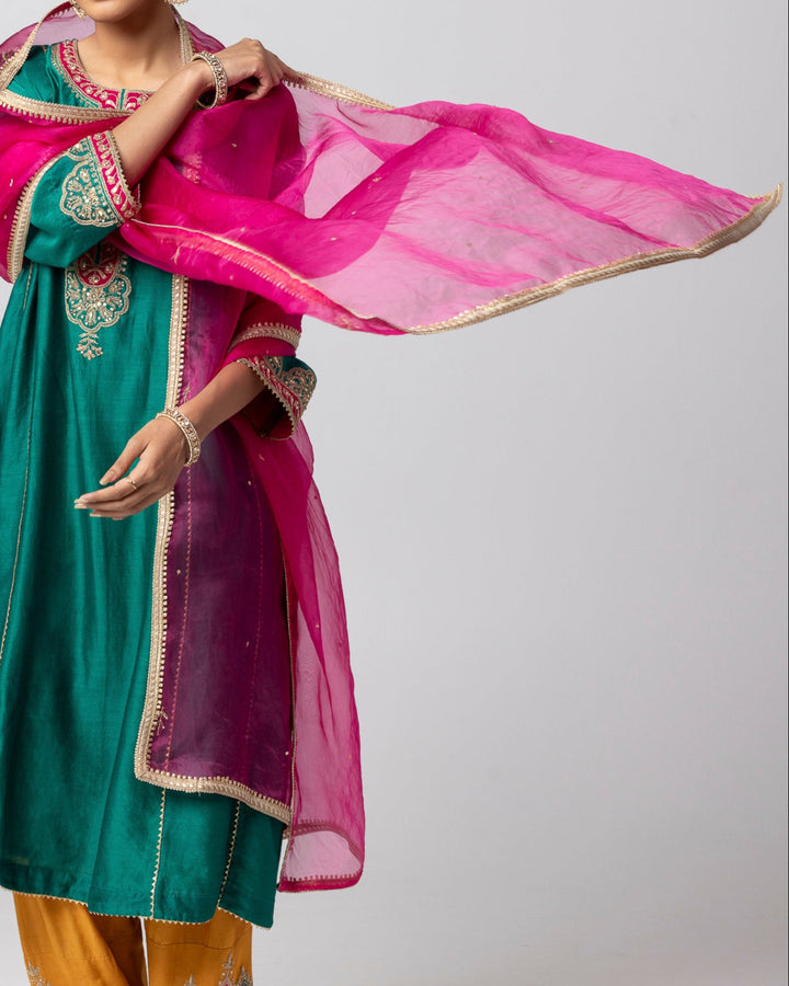 hot pink embroidered silk organza dupatta