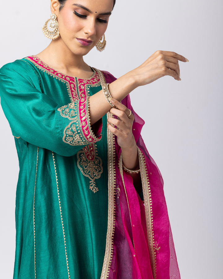 green silk chanderi embroidered kurta