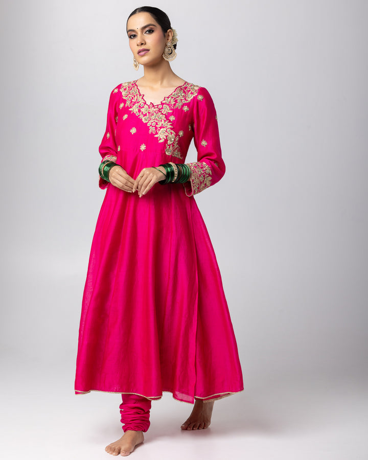 rani pink silk chanderi embroidered angrakha kurta with churidar