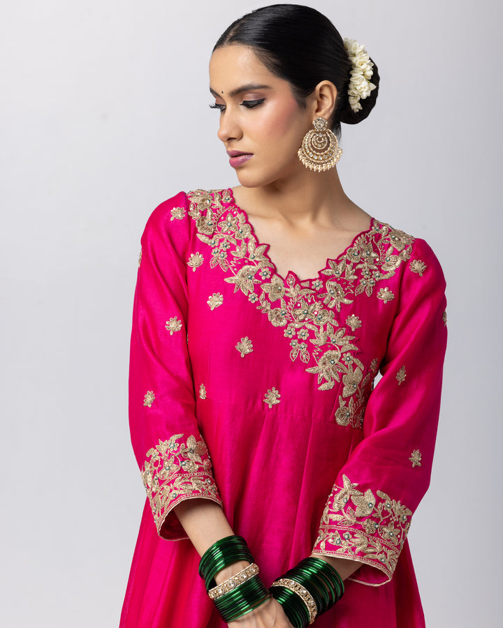 rani pink silk chanderi embroidered angrakha kiurta
