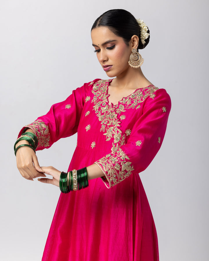 rani pink silk chanderi embroidered angrakha kiurta