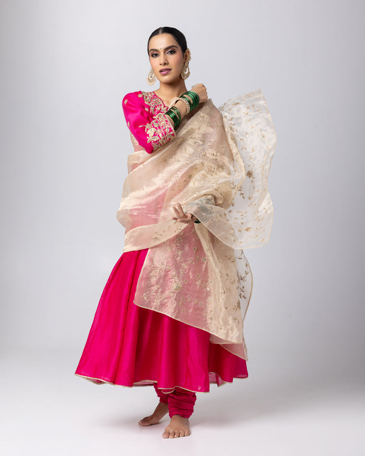 rani pink silk chanderi embroidered anghrakha kurta with churidar and gold tissue zari dupatta