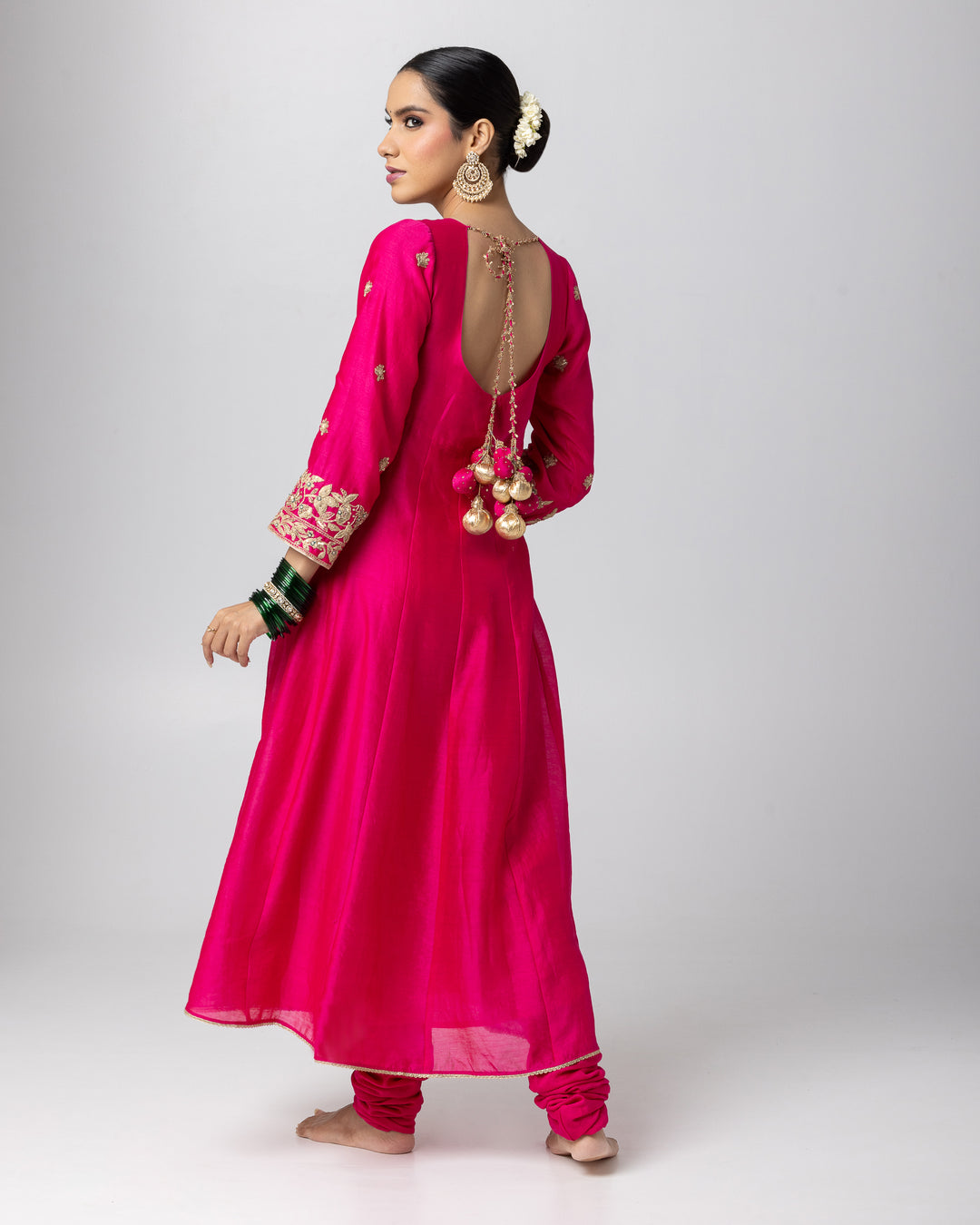 rani pink silk chanderi embroidered angrakha kurta with churidar