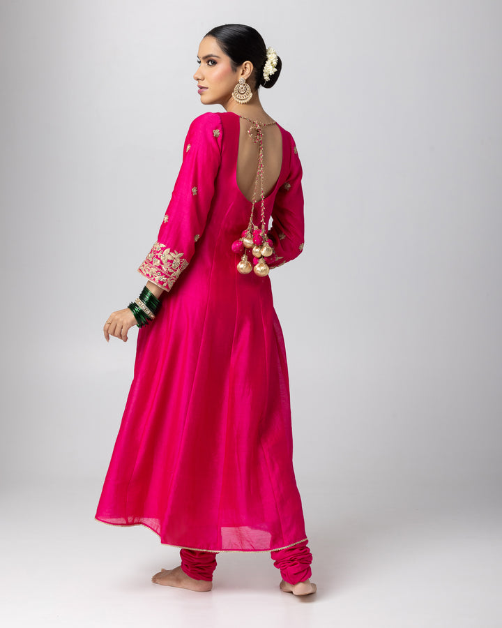 rani pink silk chanderi embroidered angrakha kurta with churidar