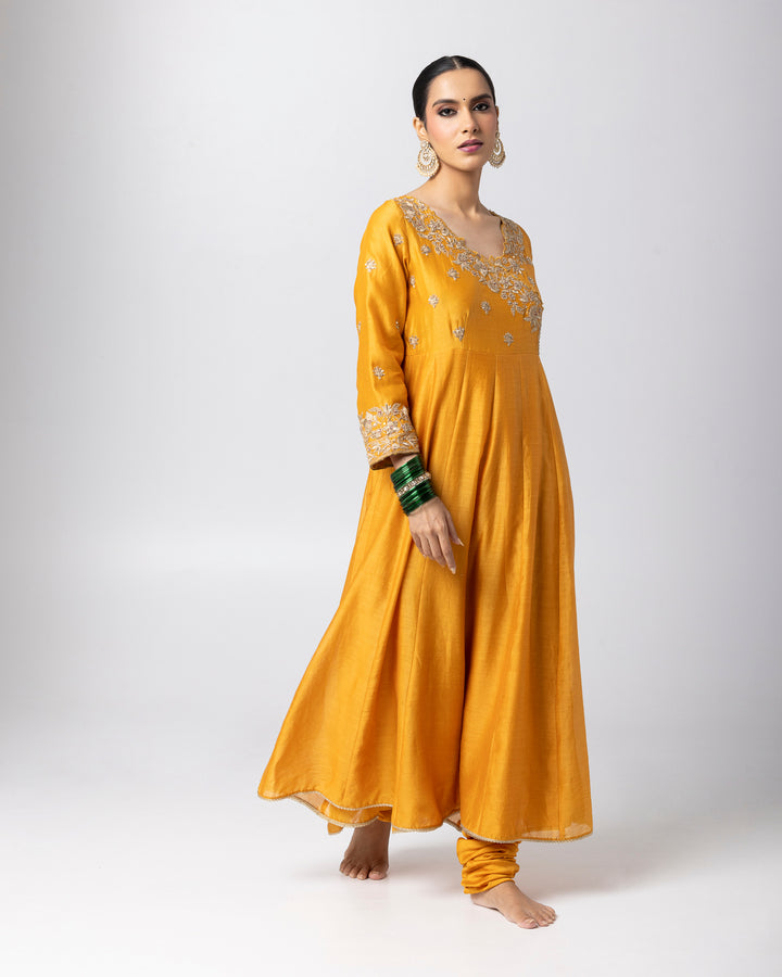 mustard silk chanderi embroidered angrakha kurta with churidar and green tissue zari dupatta