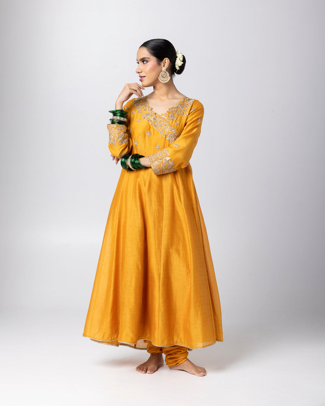 mustard silk chanderi embroidered angrakha kurta with churidar and green tissue zari dupatta
