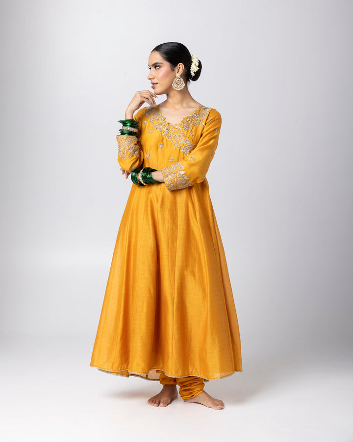 mustard silk chanderi embroidered angrakha kurta with churidar and green tissue zari dupatta