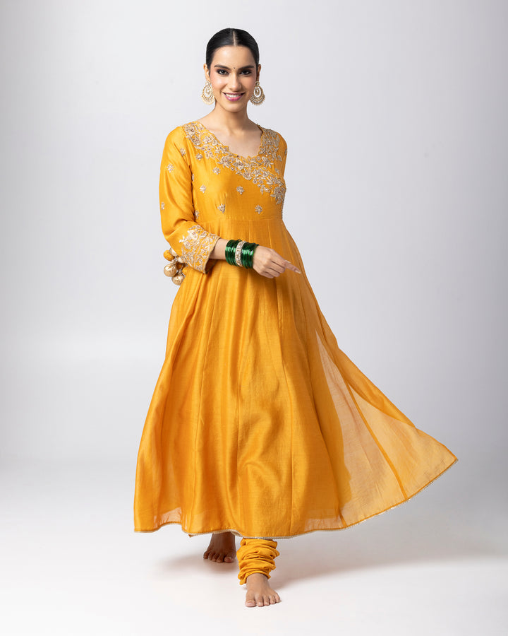 mustard silk chanderi embroidered angrakha kurta with churidar and green tissue zari dupatta