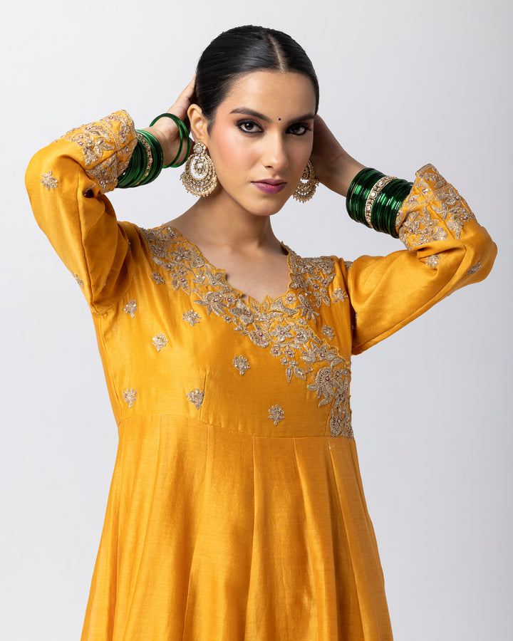 mustard silk chanderi embroidered angrakha kurta with churidar and green tissue zari dupatta