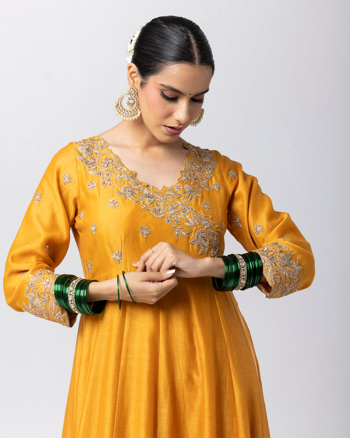 mustard silk chanderi embroidered angrakha kurta with churidar