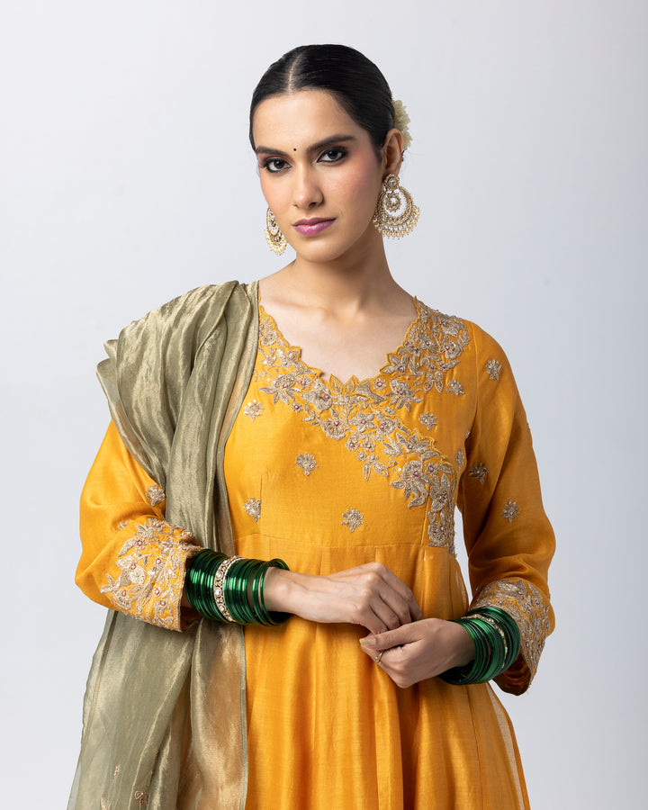mustard silk chanderi embroidered angrakha kurta with churidar and green tissue zari dupatta