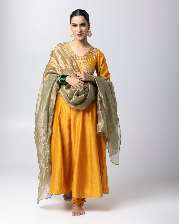 mustard silk chanderi embroidered angrakha kurta with churidar and green tissue zari dupatta