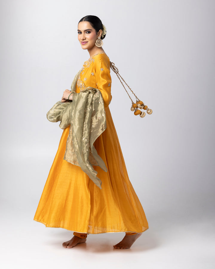 mustard silk chanderi embroidered angrakha kurta with churidar and green tissue zari dupatta