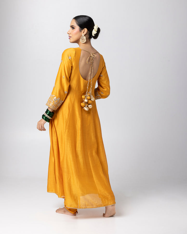 mustard silk chanderi embroidered angrakha kurta with churidar and green tissue zari dupatta
