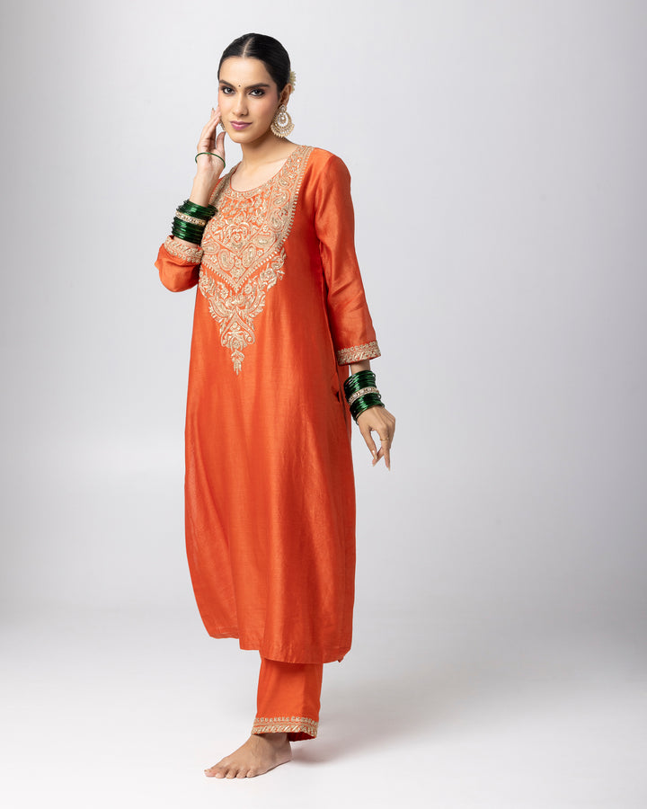 rust silk chanderi embroidered kurta with cotton silk bottom and silk organza dupatta