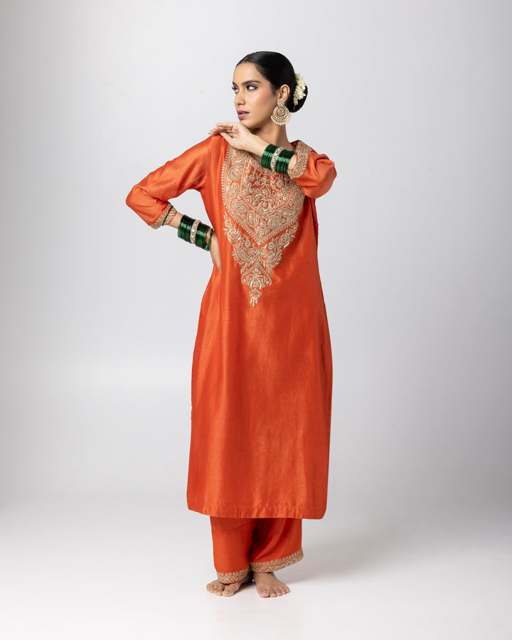 rust silk chanderi embroidered kurta with cotton silk bottom and silk organza dupatta