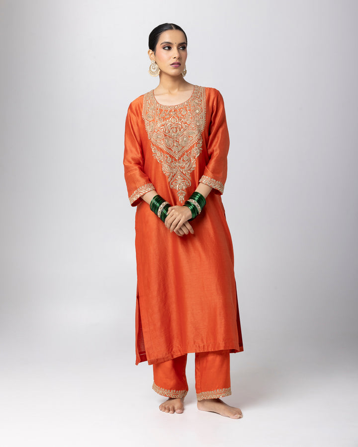 rust silk chanderi embroidered kurta with cotton silk bottom and silk organza dupatta