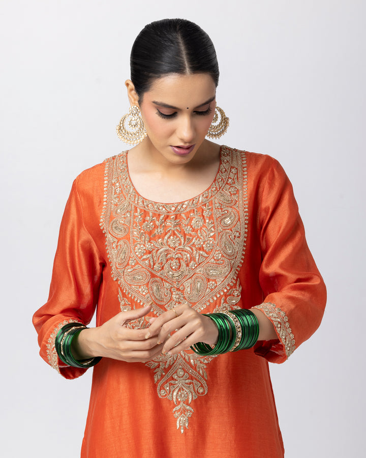 rust silk chanderi embroidered kurta with cotton silk bottom and silk organza dupatta