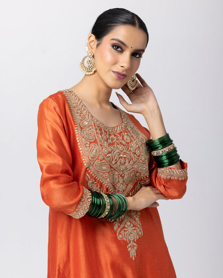 rust silk chanderi embroidered kurta with cotton silk bottom and silk organza dupatta