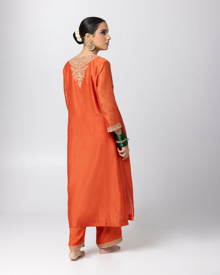rust silk chanderi embroidered kurta with cotton silk bottom and silk organza dupatta