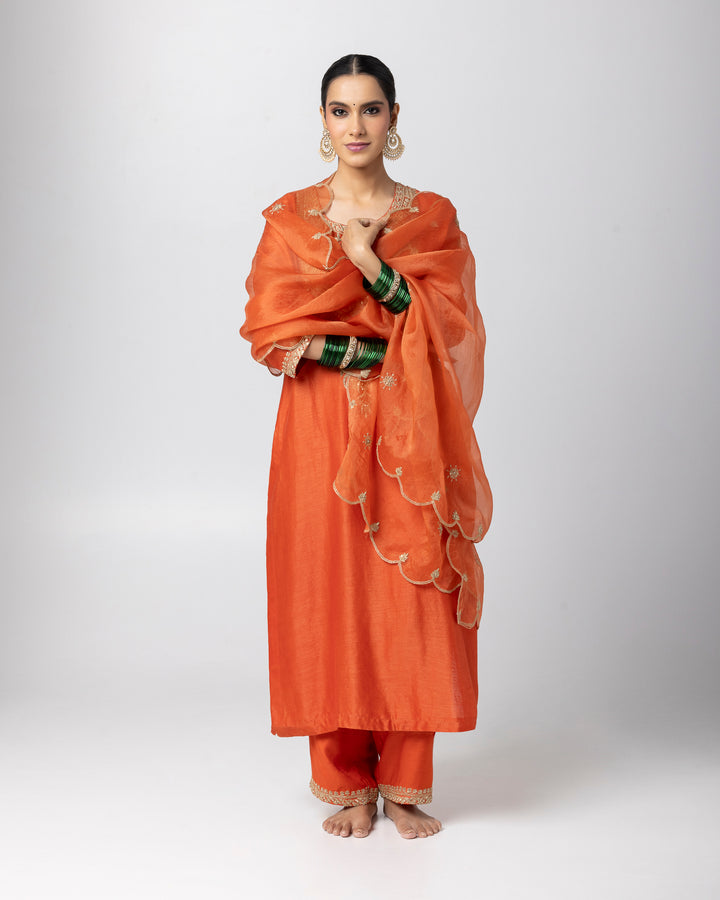 rust silk chanderi embroidered kurta with cotton silk bottom and silk organza dupatta