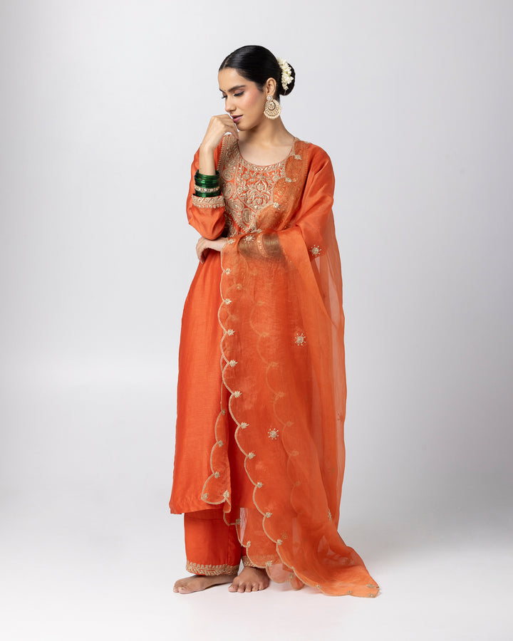 rust silk chanderi embroidered kurta with cotton silk bottom and silk organza dupatta
