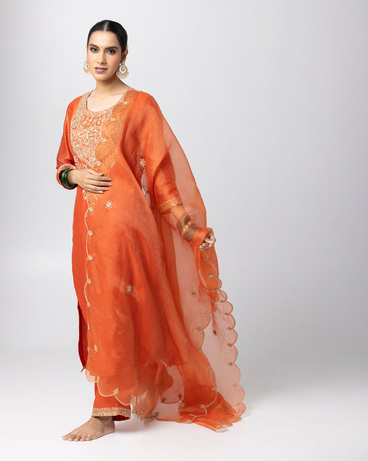 rust silk chanderi embroidered kurta with cotton silk bottom and silk organza dupatta