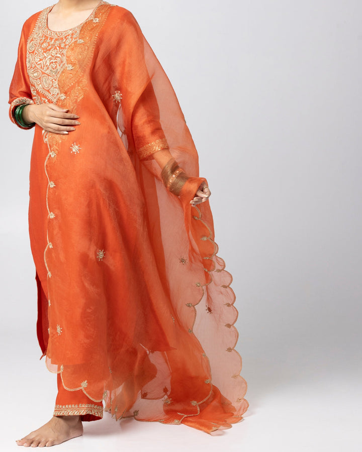 rust embroidered silk organza dupatta