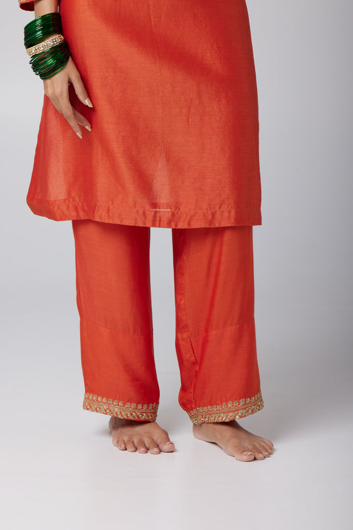 rust silk chanderi embroidered kurta with cotton silk bottom and silk organza dupatta