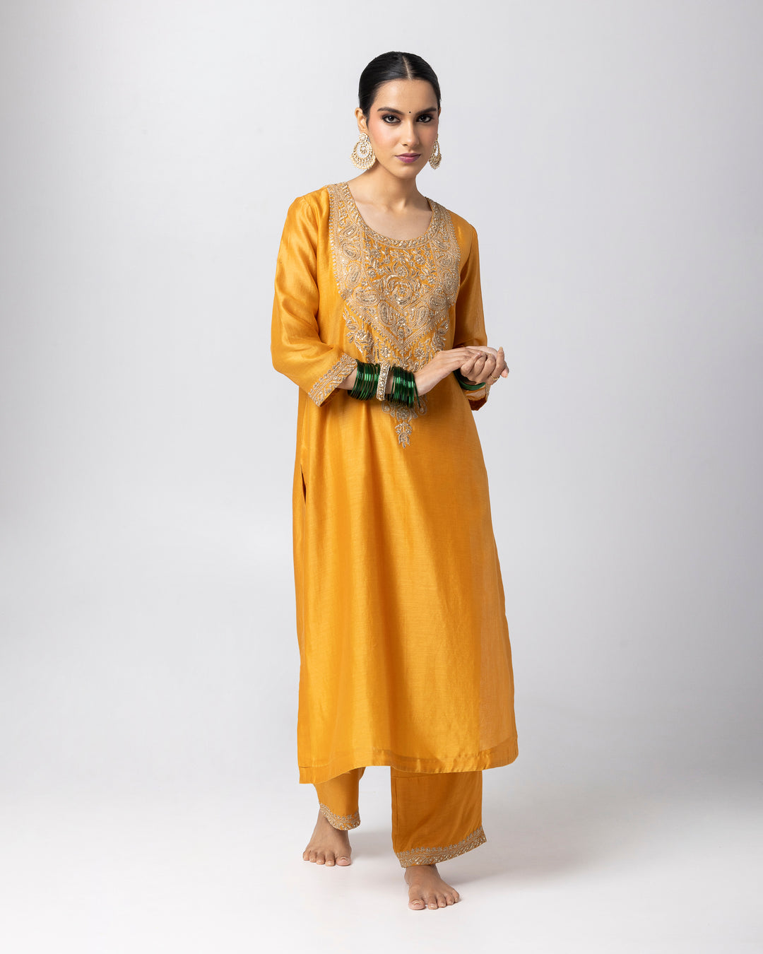 mustard silk chanderi embroidered kurta