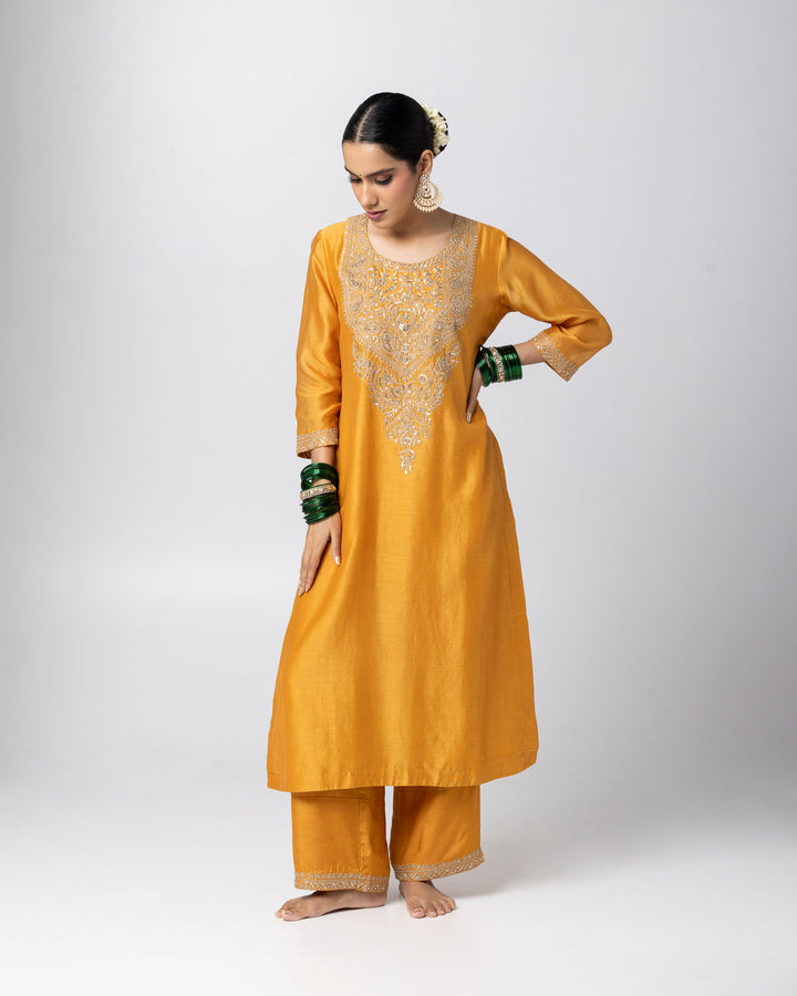 mustard silk chanderi embroidered kurta with cotton silk pant