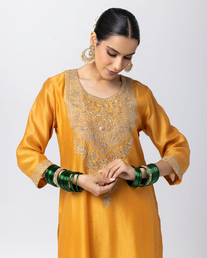 mustard silk chanderi embroidered kurta with cotton silk pant