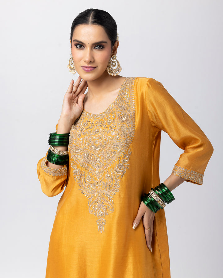 mustard silk chanderi embroidered kurta