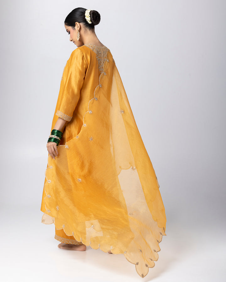 mustard embroidered silk organza dupatta