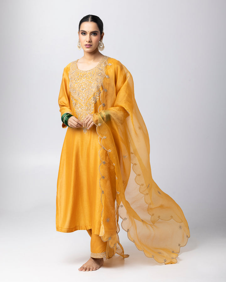 mustard embroidered silk organza dupatta