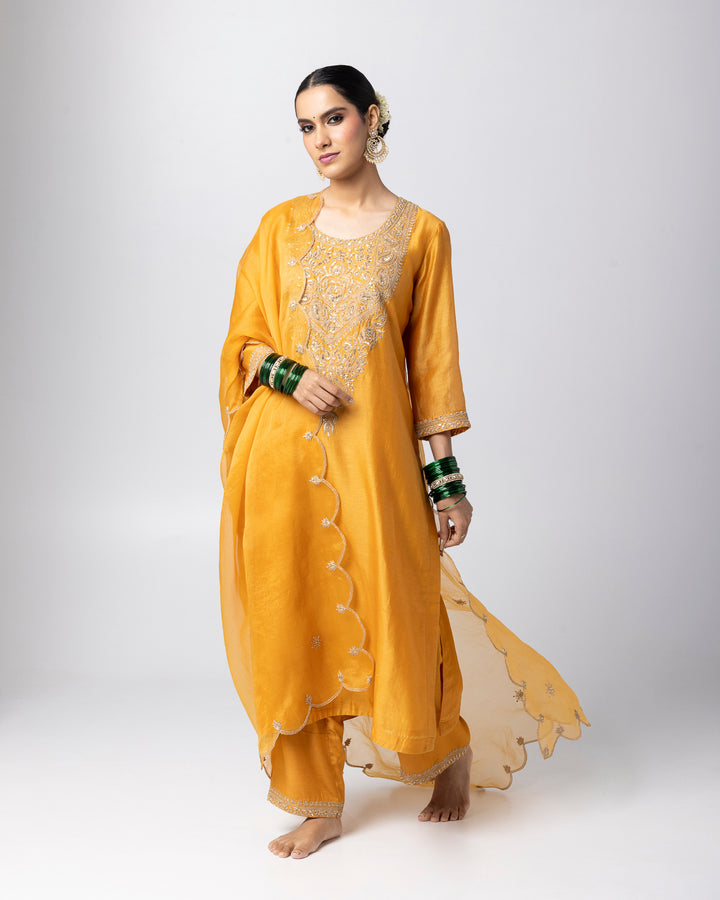 mustard silk chanderi embroidered kurta with cotton silk pant and silk organza dupatta