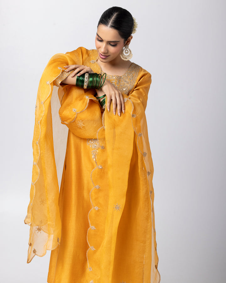 mustard embroidered silk organza dupatta