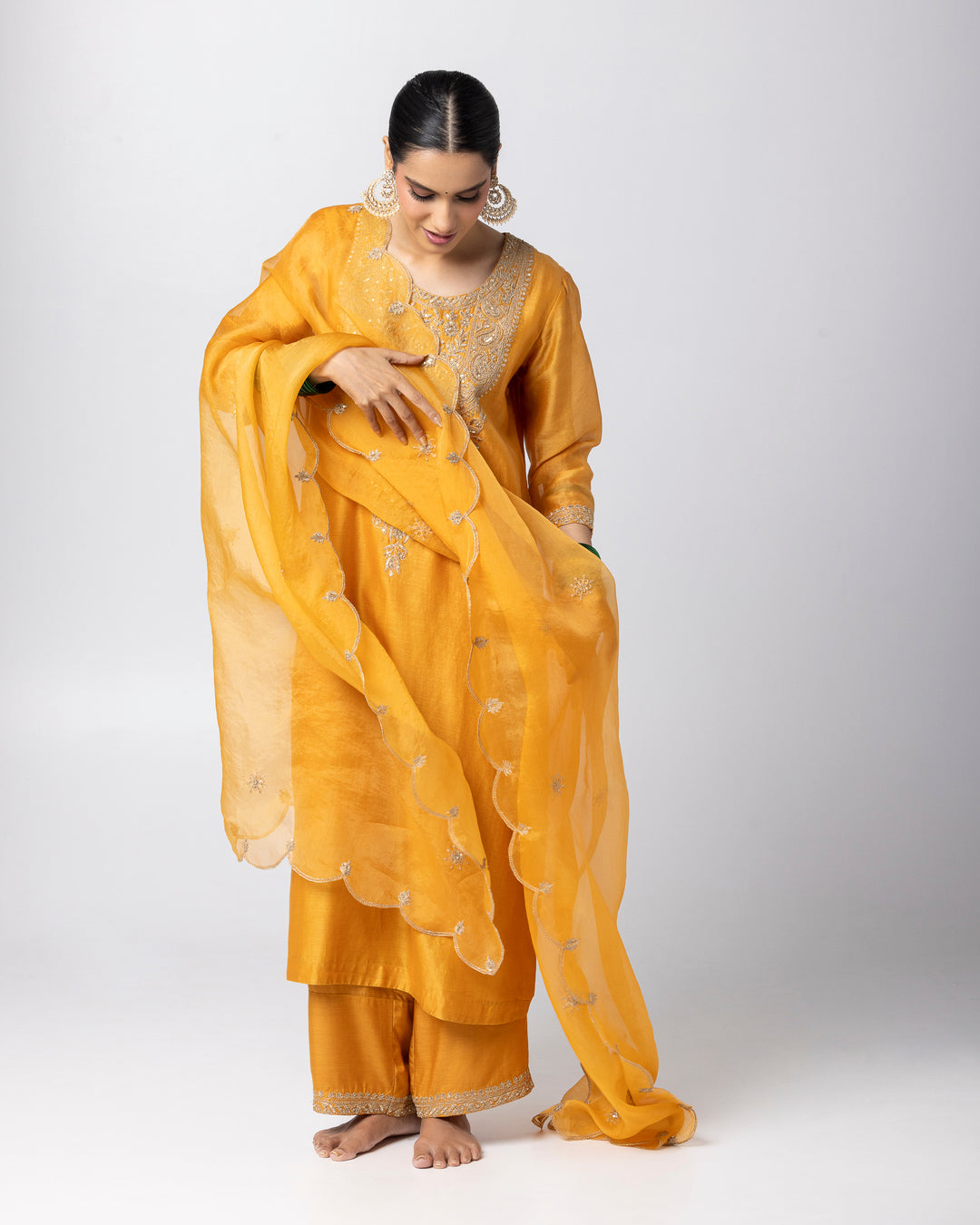mustard embroidered silk organza dupatta