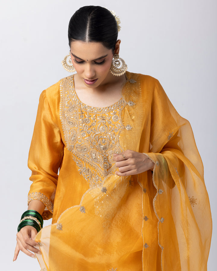 mustard embroidered silk organza dupatta