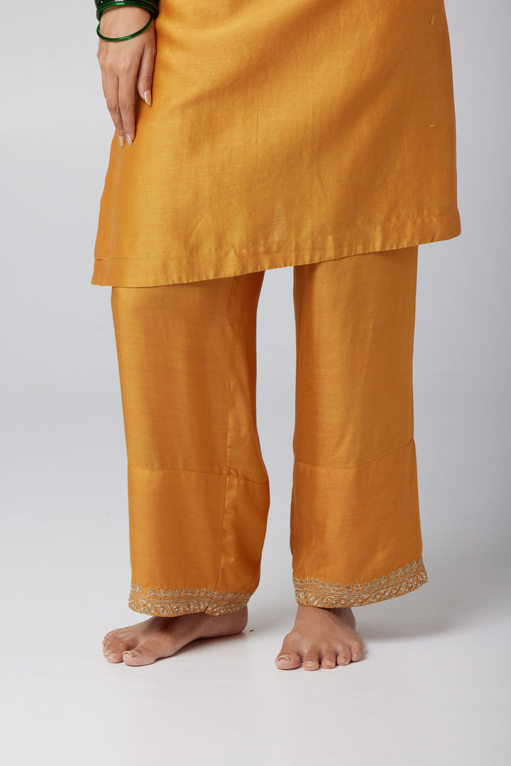 mustard embroidered cotton silk pant