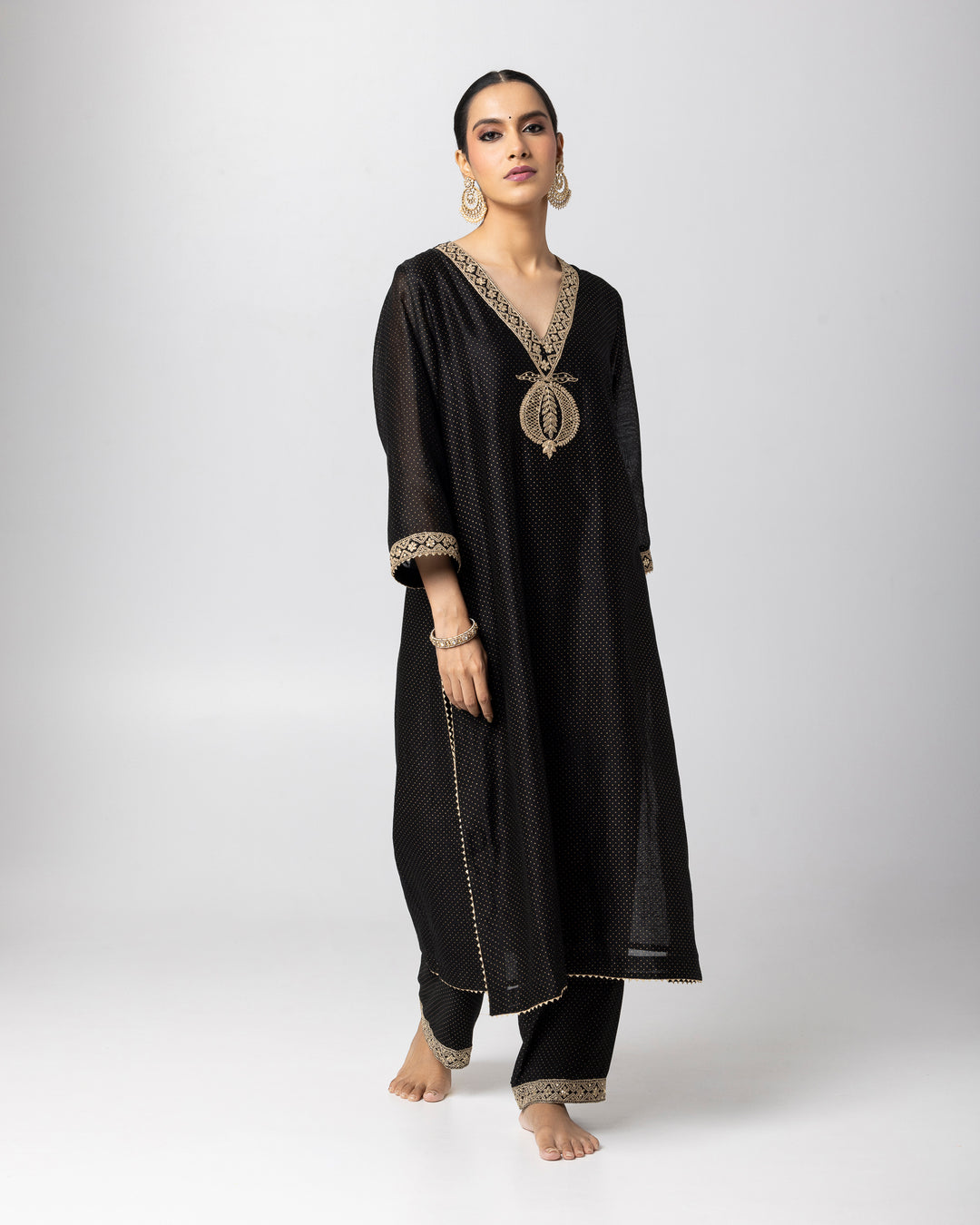black silk chanderi embroidered and gold printed kurta with cotton silk pant and chanderi mull dupatta