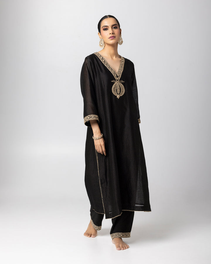 black silk chanderi embroidered and gold printed kurta with cotton silk pant and chanderi mull dupatta