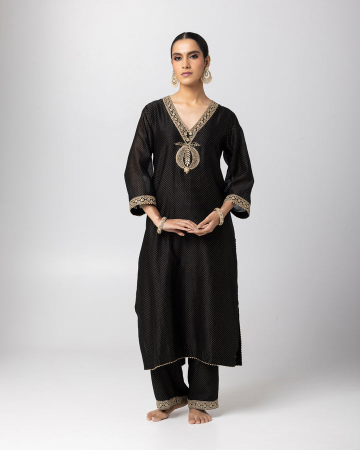black silk chanderi embroidered and gold printed kurta with cotton silk pant and chanderi mull dupatta