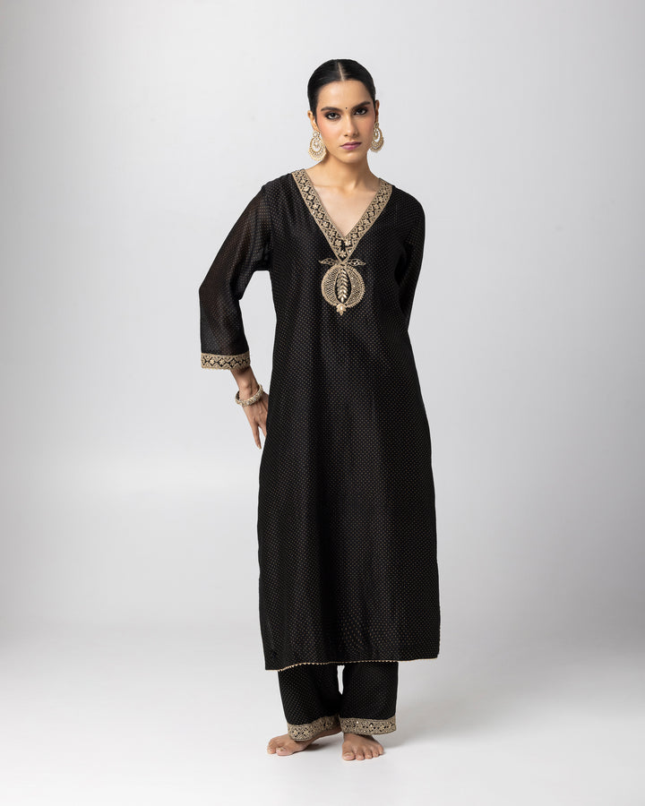 black silk chanderi embroidered and gold printed kurta with cotton silk pant and chanderi mull dupatta