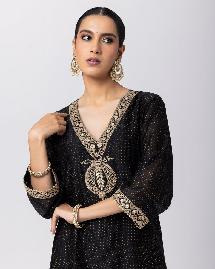 black silk chanderi embroidered and gold printed kurta with cotton silk pant and chanderi mull dupatta