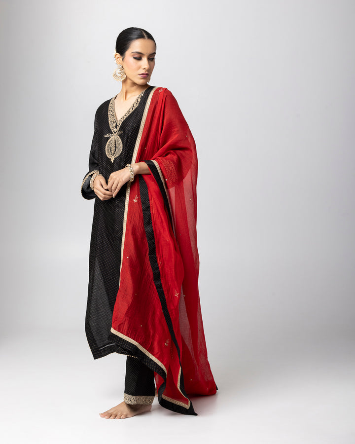 black silk chanderi embroidered and gold printed kurta with cotton silk pant and chanderi mull dupatta