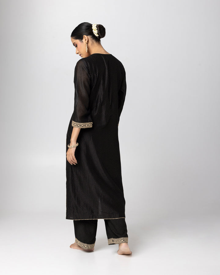 black silk chanderi embroidered and gold printed kurta with cotton silk pant and chanderi mull dupatta